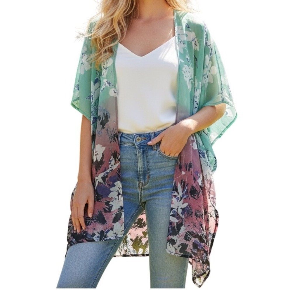 FLAW Womens OSFM Turquoise Pink Floral Ombre Kimono Cardigan Lightweight